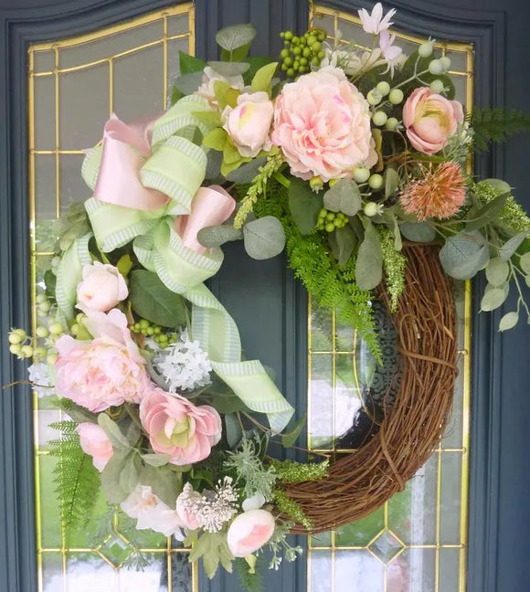 Peony Wreath, Spring Wreaths, Pink and Green wreath