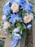 Peach and Blue cemetery flowers