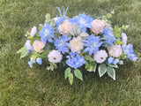 Peach and Blue cemetery flowers