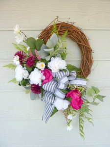 Peony Wreath for Spring, Fuchsia and Pink Front door decor