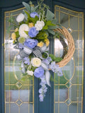Front door wreath, Spring wreath in Blue, White and yellow