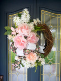Peony Wreath for Spring, Pink and White Front door decor