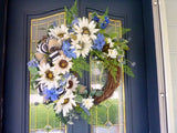 Blue and White Front door wreath, Summer wreath