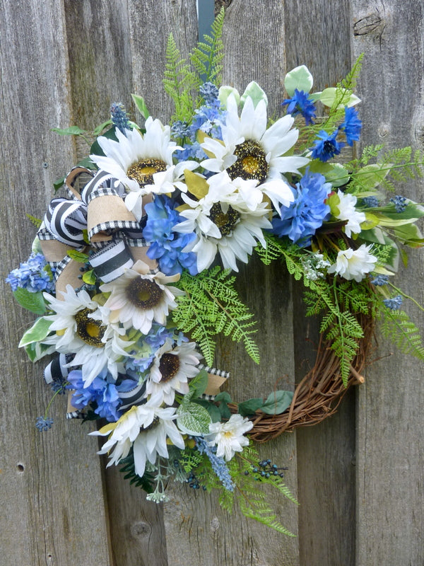 Hotsell Blue year-round wreath, front door wreath, blue,white,gray flower wreath, everyday wreath