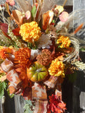 Fall Pampas Grass wreath with pumpkin, Fall front door décor