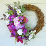 Door decorations, door wreaths in plum, purple, white