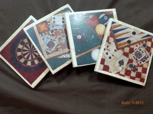 Game Room Stone Coasters, Vintage Bar Games, set of 4 Marble Tile coasters