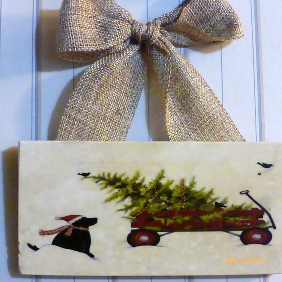 Black lab art - Christmas tile sign - Christmas gift - Red wagon - Tile sign - Christmas decoration - Julie Butler Creations