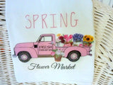 Spring Flour Sack Towels, Pink Truck with Spring Flower Market, Kitchen towel