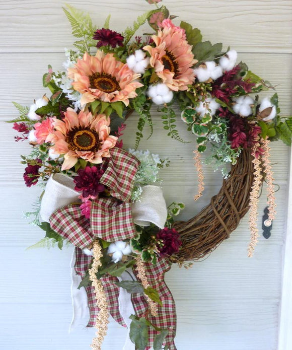 Sunflower and Cotton wreath, Farmhouse decorations, front door wreath