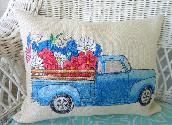 Burlap pillows, vintage pickup pillows, Embroidered pillow cover, summer pillow covers - Julie Butler Creations