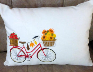 Bike Pillow cover for Fall - Embroidered bicycle pillow covers - October bike pillow - Julie Butler Creations