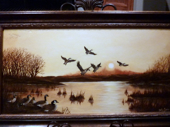 Wildlife Art - Oil Painting of Canadian Geese at sunset 12x24 - original oil paintings - Julie Butler Creations