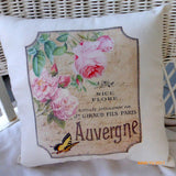 French label accent pillow - Vintage French Pillow - Pink Roses and yellow butterfly - Paris pillow - Julie Butler Creations