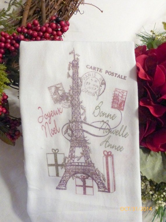 Paris Christmas Towel - Eiffel tower -Tea Towel - Flour Sack Towel - Kitchen towel - Hostess Gift - Julie Butler Creations