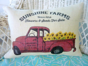 Red Truck Pillow Cover, Burlap Pillow cover, Sunflower pillows, Farmhouse pillow cover - Julie Butler Creations