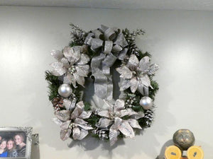 Platinum Poinsettia door Wreath. Holiday Door Decoration