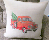 Embroidered Red Pickup Christmas Pillow - Embroidered Truck pillow cover - Julie Butler Creations
