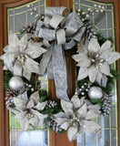 Platinum Poinsettia door Wreath. Holiday Door Decoration