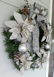 Platinum Poinsettia door Wreath. Holiday Door Decoration