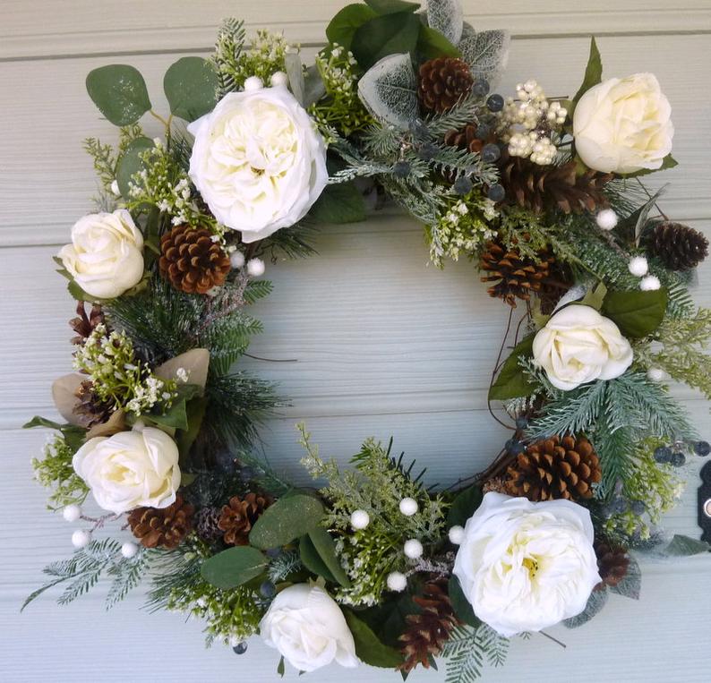 Christmas Wreath Snow Rose White Grapevine Snow hotsell Acorn 20” Xmas Holiday Decor