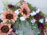 Sunflower and Cotton wreath, Farmhouse decorations, front door wreath