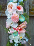 Wedding Arch Flowers - Coral, White and lite Turquoise Blue Wedding swag - Beach wedding flowers - Julie Butler Creations