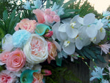 Wedding Arch Flowers - Coral, White and lite Turquoise Blue Wedding swag - Beach wedding flowers - Julie Butler Creations