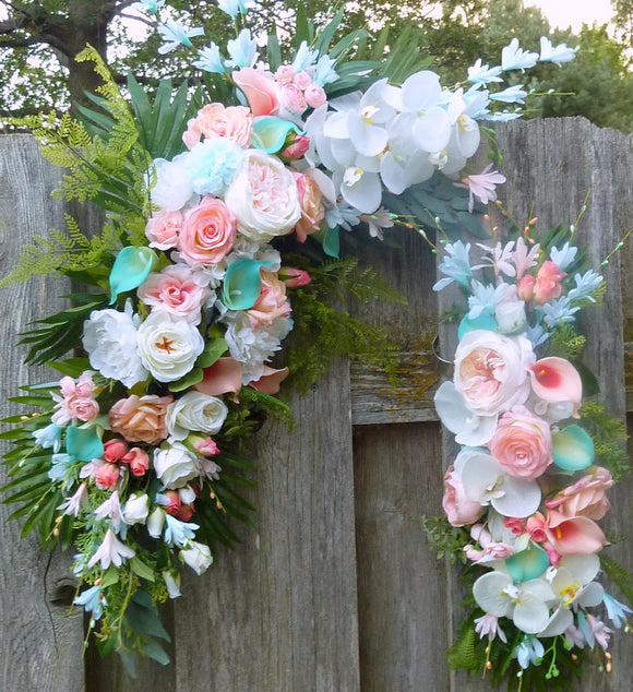 Wedding Arch Flowers - Coral, White and lite Turquoise Blue Wedding swag - Beach wedding flowers - Julie Butler Creations