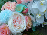 Wedding Arch Flowers - Coral, White and lite Turquoise Blue Wedding swag - Beach wedding flowers - Julie Butler Creations