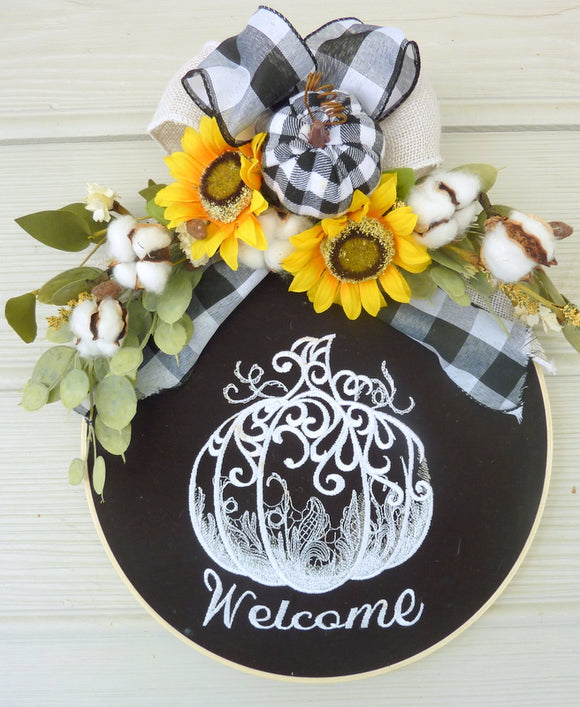 Wood hoop wreath, farmhouse decor, welcome sign, Buffalo Plaid Farmhouse wreath, pumpkin wreath - Julie Butler Creations