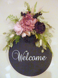 Farmhouse wreath, Embroidery hoop wreath, farmhouse decor, wood hoop welcome - Julie Butler Creations