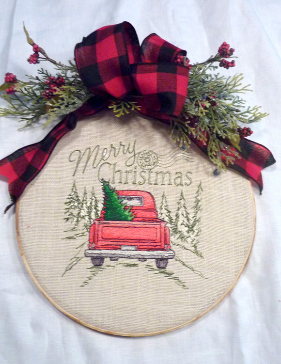 Christmas hoop wreath, farmhouse decor, Red Truck Christmas sign, Farmhouse wreath - Julie Butler Creations