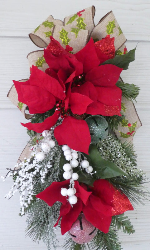 Red Poinsettia Door Swag - Christmas Wreath - Christmas door swag - Holiday Door Decorations - Julie Butler Creations