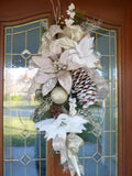 Champagne and White Poinsettia Door Swag, Holiday Door Decorations