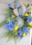 Blue and Yellow wreath lemon Wreath, Farmhouse decor, French country Decor