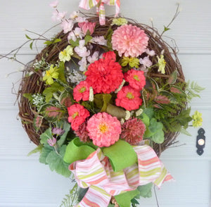 Zinnia wreath, Summer wreath, Spring Wreaths, French Country decor