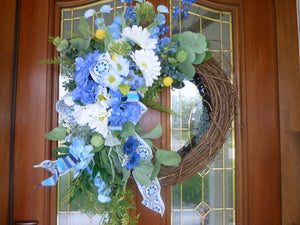 Blue and White Farmhouse wreaths, Spring wreath, Summer wreath, front door wreath
