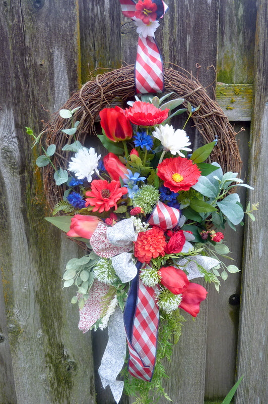 Red, White and Blue Summer Wreath with D Stevens ribbon. Summer wreath, 4th of July Wreath