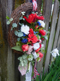 Red, White and Blue Summer Wreath with D Stevens ribbon. Summer wreath, 4th of July Wreath