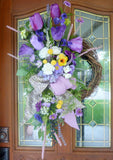 Front door wreath, Spring Tulip Wreaths, D Stevens Designer ribbon