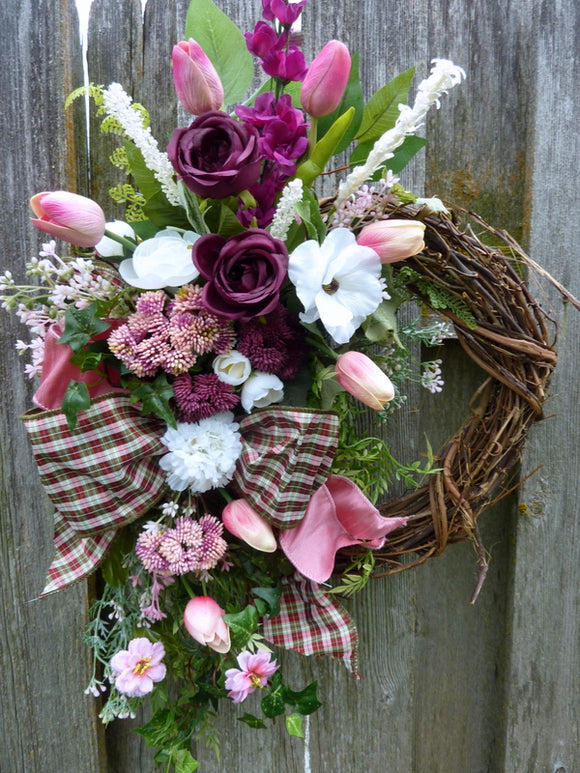 Tulip Wreath, Spring Wreaths, Burgundy and Pink Front door decor