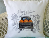 Halloween Truck pillow cover, Embroidered pillow cover, Farmhouse pillows, Burlap pillow cover