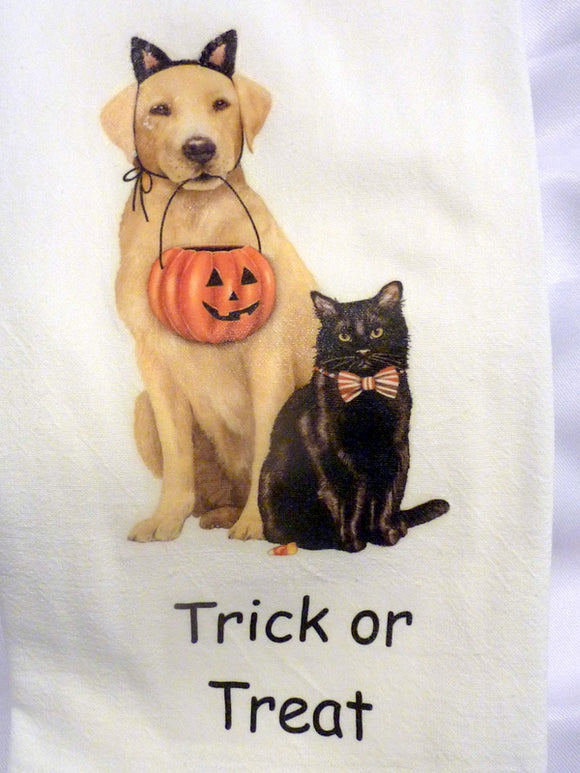 Flour Sack Towels, Halloween towel with a lab and black