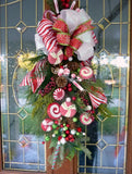 Red and White Candy Door Swag, Christmas door swag, Holiday Door Decorations