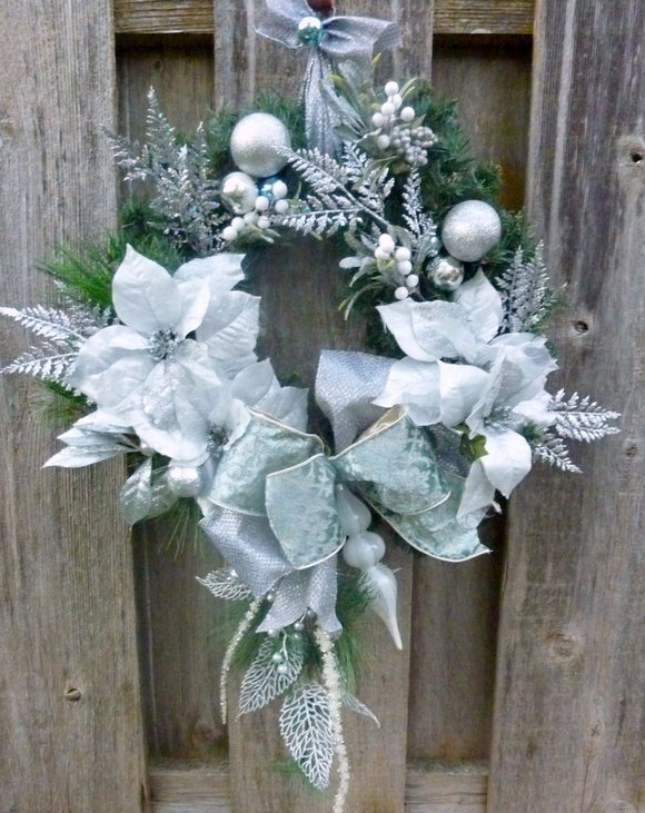 Christmas Wreath, Blue, Silver and white Christmas wreath, Designer Wreaths with D Stevens Ribbon