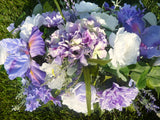Grave site spray in Purple and white, memorial flowers, silk flower headstone saddle