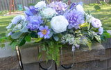 Grave site spray in Purple and white, memorial flowers, silk flower headstone saddle
