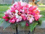 Pink Mini Tulip Headstone saddle, Cemetery flowers