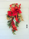 Red Poinsettia Christmas door swag, Holiday Door Decorations
